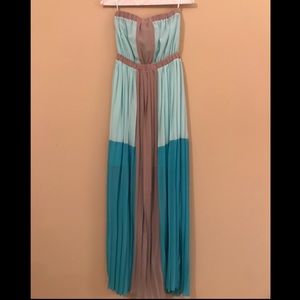 Turquoise and Grey Pleated Strapless Maxi Dress